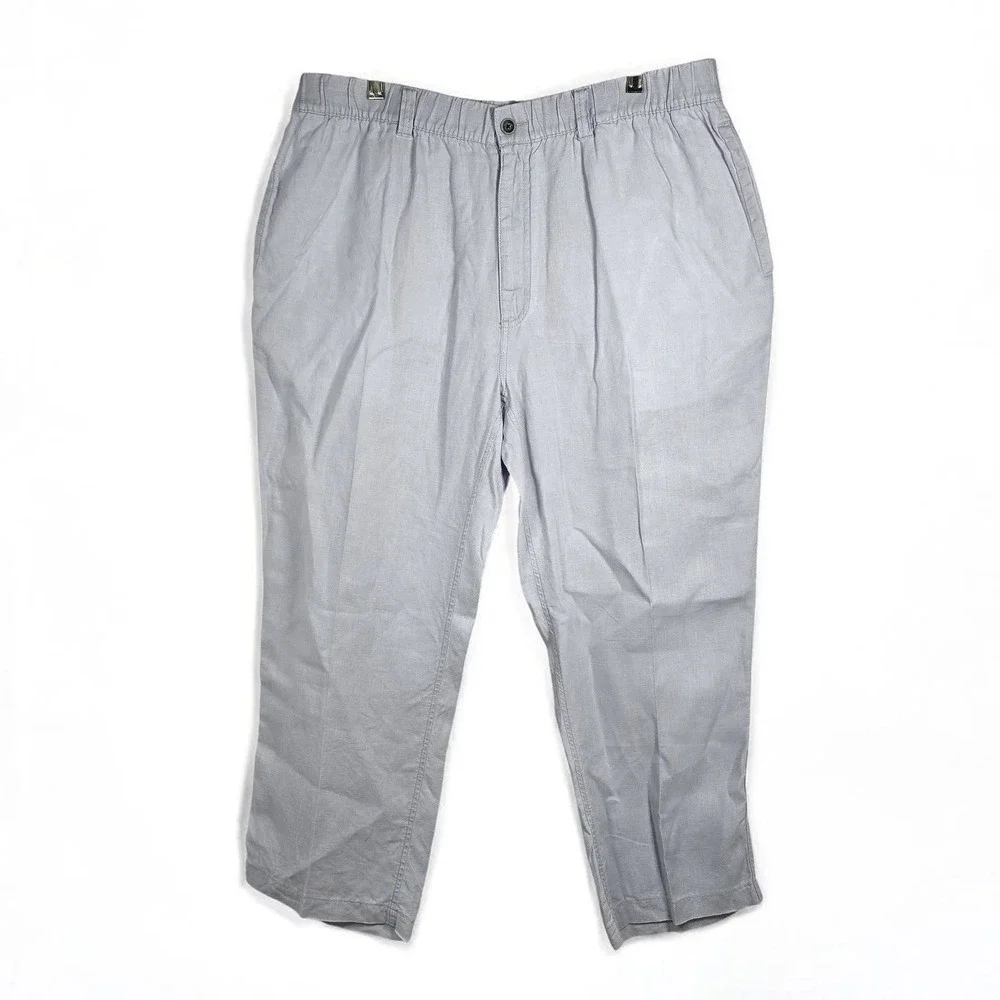 Caribbean Mens 100% Linen Pants 40x32 Light Blue Grey Elastic Waist Drawstring